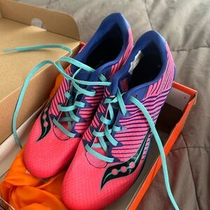 Saucony Racing Women’s Spikes, used 1 season, W 8.5, hot pink and blue